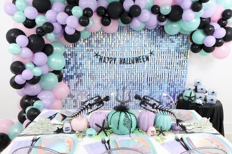 Mermaid Themed Halloween Party & Iridescent Backdrop Pastel Halloween Party Backdrop, Iridescent Backdrop, Iridescent Halloween, Pastel Halloween Party, Halloween Party Backdrop, Themed Halloween Party, Shimmer Wall Backdrop, Pastel Mermaid, Halloween Class Party