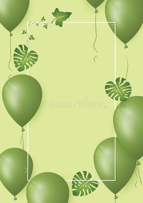 Banner with green balloons and leaf on greenery background. Copy space for your text. vector illustration Greenery Background, Green Balloons, Birthday Giveaways, Balloon Background, Green Balloon, Leaf Background, Leaf Green, Green Nature, Birthday Banner