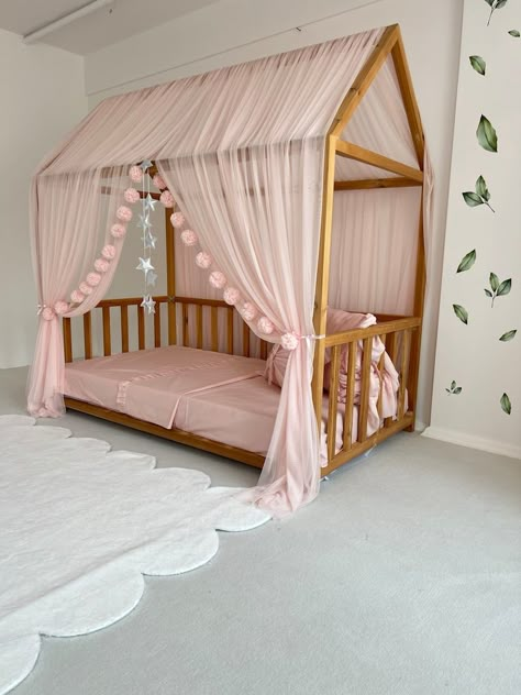 Baby Pink Montessori Bed Curtains Tulle Canopy Customized - Etsy Brasil Tulle Canopy, Kids Bed Canopy, Montessori Bed, Play Tents, Toddler Girl Room, Toddler Room Decor, Girl Nursery Room, Baby Room Inspiration