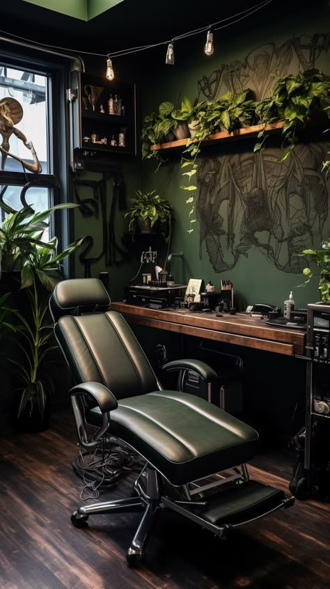 Bohemian Waiting Room, Home Barbershop Ideas, Salon Set Up Ideas, Tattoo Studio Decoration, Vintage Salon Decor, Green Salon, Tattoo Room, Tattoo Shop Interior, Tattoo Shop Decor