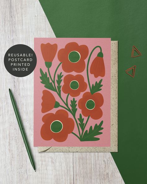 A colourful, modern-retro style art card inspired by British wildflowers, perfect for gardeners and outdoor lovers. Suitable for a wide range of occasions from Birthdays, Mothers Day, Thank yous, Easter, Thinking of you etc. Size = 127 x 187 mm (5x7")   Greeting card printed on a premium, heavyweight (300gsm), 100% FSC recycled paper with a lovely texture. This eco-friendly greeting card is supplied with a rustic envelope made from natural grass fibres.  Our eco-friendly art cards are designed t Greetings Card Design, British Wildflowers, Corn Poppy, Birthday Cards For Mother, Retro Style Art, Eco Friendly Art, Karten Design, Modern Botanical, Free Cards