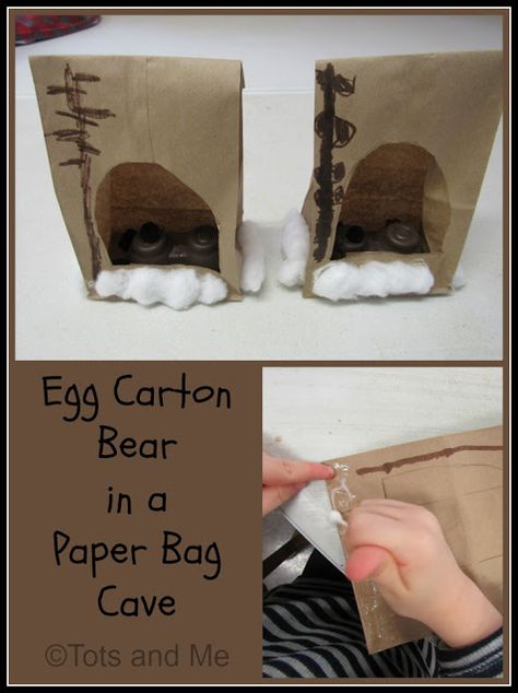 Tots and Me... Growing Up Together: Littles Learning Link Up: February 19, 2019: Egg Carton Bear in a Paper Bag Cave Cave Crafts For Preschool, Diy Bear Cave Preschool, Hibernating Bear Craft Preschool, Bear Den Craft, Bear Cave Craft, Hibernation Preschool Theme, Hibernation Preschool Crafts, Hibernating Bear Craft, Bear Hibernation