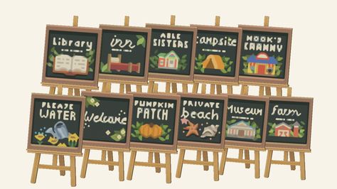 Natalie Rosalinda on Twitter: "New chalkboard signs! MA-8674-1895-0346 Sorry for the repost, I got my maker ID wrong 🤧 #acnh #acnhdesign #AnimalCrossingNewHorizions… https://t.co/hBLMsTmOhA" Acnh Signs, Cottagecore Animal Crossing, Stall Signs, Acnh Cottagecore, Crossing Sign, Animal Crossing Wild World, Qr Codes Animal Crossing, Stall Designs, Farm Signs