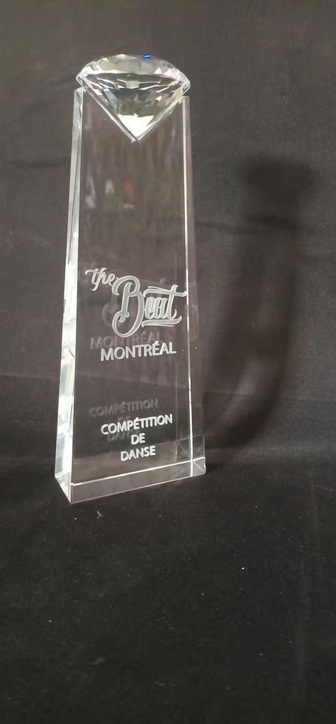 logo engraved diamond crystal trophy awards for the beat dance competition in Montreal. Canada Dance Competition Trophy, Crystal Trophy, Dance Awards, Trophies & Awards, Montreal Canada, Dance Competition, Ballroom Dance, Purple Aesthetic, Diamond Crystal