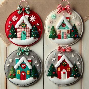 4 simple Christmas houses, made of felt and felt, each in a padded medallion with Christmas colors and details - Image Creator in Bing Christmas Fayre Ideas, Christmas Decorations Sewing, Christmas Wreaths Diy Easy, Felt Crafts Christmas, Christmas Embroidery Patterns, Christmas Houses, Easy Christmas Gifts, Felt Christmas Decorations, Handmade Christmas Crafts