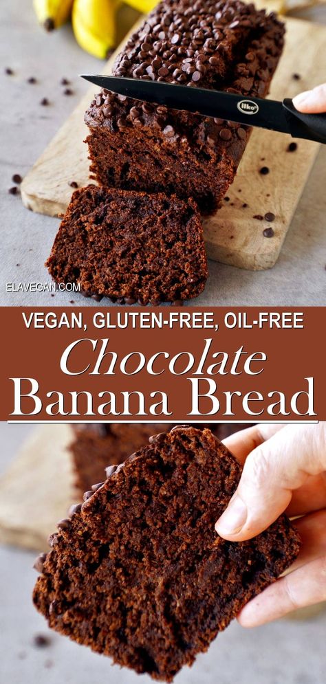 Make tender, fluffy chocolate banana bread that’s decadent and delicious yet surprisingly diet-friendly – oil-free, refined sugar-free, vegan, gluten-free, and optionally grain-free! #chocolatebananabread #chocolateloaf #veganbananabread #glutenfreebananabread #elasrecipes | elavegan.com Vegan Gluten Free Banana Bread, Banana Bread With Oil, Dairy Free Deserts, Healthy Breakfast Baking, Healthy Chocolate Banana, Chocolate Banana Bread Recipe, Gluten Free Banana Muffins, Chocolate Banana Muffins, Plant Based Desserts