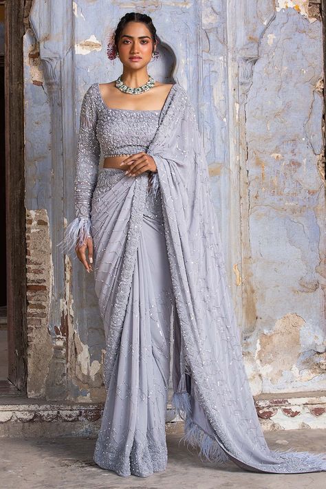 Saree With Full Sleeves, Sequinned Saree, Full Sleeves Blouse, Full Sleeves Blouse Designs, Crystal Work, Silver Blouse, Pure Georgette Sarees, Sequin Saree, Grey Saree