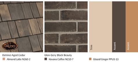 Home Color Schemes Featuring… DaVinci Roofscapes ACME Brick Glen-Gery Coronado Stone Sherwin-Williams PPG Benjamin Moore Dark Brown Brick House, Black Brick Exterior, Brick Exterior Colors Schemes, Home Color Schemes, Coronado Stone, Acme Brick, Cedar Shake, Cedar Roof, Brown Brick