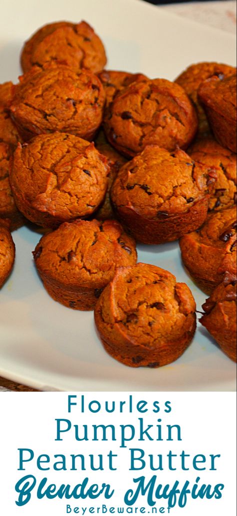 Five simple ingredients and a blender are all you need to prep these mini pumpkin chocolate chip muffins. Go ahead and gather your canned pumpkin, peanut butter, maple syrup, eggs and chocolate chips to make these blender pumpkin chocolate chip muffins. #pumpkin Peanut Butter Pumpkin Muffins, Peanut Butter Chocolate Chip Muffins, Peanut Butter Maple Syrup, Muffins Pumpkin, Choc Chip Muffins, Pumpkin Peanut Butter, Blender Muffins, Peanut Butter Muffins, Pumpkin Chocolate Chip Muffins