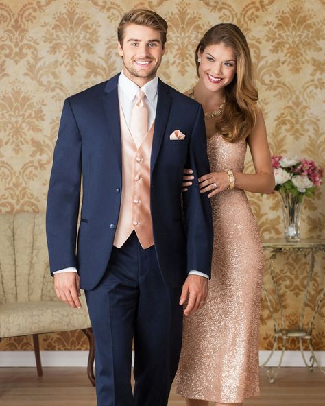 Rose gold bridesmaid and groomsmen Gold Tux, Rose Gold Suit, Wedding Rose Gold Theme, Rose Gold Bridesmaid Dress, Rose Gold Bridesmaid, Rose Gold Dress, Gold Bridesmaid Dresses, Gold Prom Dresses, Groomsmen Attire