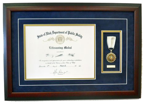 Framed Public Safety Award frameitutah.com Award Frame Design, Frame Diploma Ideas, Framed Diploma Ideas, Diploma Display, Money Frame, Mom Frame, Military Awards, Military Coin Display, Diploma Frame