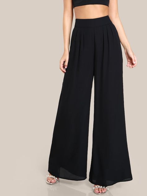 High Waist Solid Wide Leg Pants -SHEIN(SHEINSIDE) Plazo Pants Design Western, Black Plazo Outfit, Black Palazzo Outfit, Plazo Designs Palazzo Pants, Plazo Pants Outfits, Palazzo Pants Outfit Indian, Black Plazo, Black Palazzo Pants Outfit, Plazo Outfits