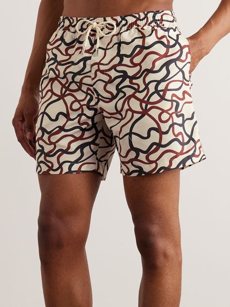 DESIGNED BY MR PORTER. Mr P.'s swim shorts are cut from lightweight shell and printed with doodles taken right out of a sketchbook. Wear yours with a simple tee or polo shirt en route to the beach. Mens Swim Trunks Aesthetic, Swimwear Moodboard, Mens Printed Shorts, Mr P, Summer Shorts Outfits, Mens Shorts Summer, Mens Swim Shorts, Print Swimwear, Beach Collection