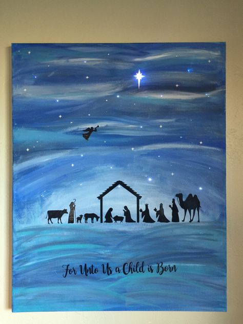 Nativity Silhouette Painting, Nativity Scene Painting Canvases, Nativity Canvas Painting, Nativity Painting On Canvas, Easy Nativity Painting, Jesus Painting Easy, Nativity Scene Painting, Nativity Paintings, Watercolor Nativity