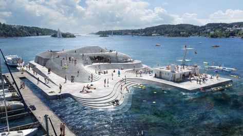 Snøhetta has unveiled its plan to revive a traditional harbour bath in the the city of Arendal, Norway, with a layered structure that looks like a topographical map of the area. Norwegian Architecture, Floating City, Jazz Club, Architecture Firm, Elle Decor, Helsinki, Public Space, Architecture Drawing, Landscape Architecture