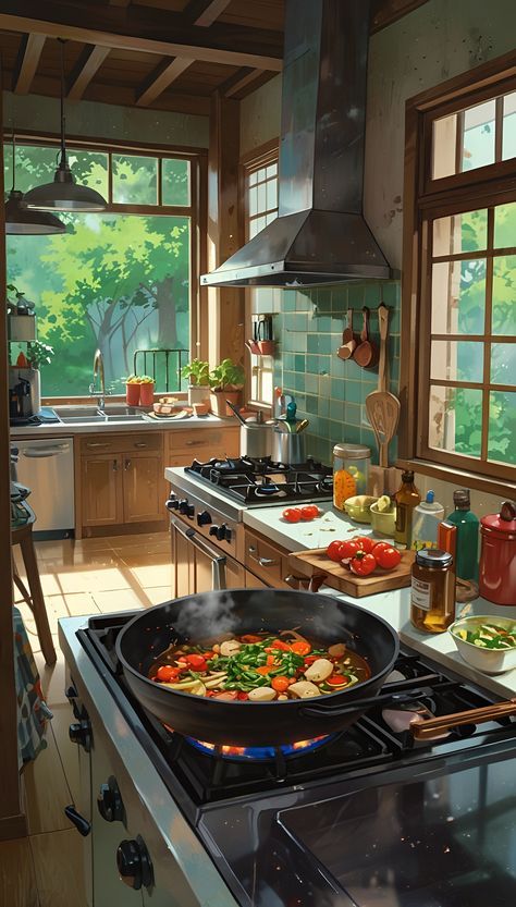 Ghibli Kitchen Aesthetic, Anime Cooking Aesthetic, Animated Kitchen, Cooking Wallpaper, Pinterest Illustration, Anime Kitchen, Kitchen Drawing, Art Pinterest, Anime Artwork Wallpaper