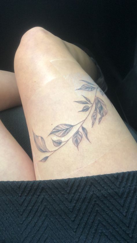 Part I of the leg sleeve Nature Leg Tattoos Women, Vine Thigh Tattoo, Leaf Leg Tattoo, Vine Leg Tattoo, Thigh Piece Tattoos, Leg Tats, Flower Vine Tattoos, Wrap Around Tattoo, Thigh Tat