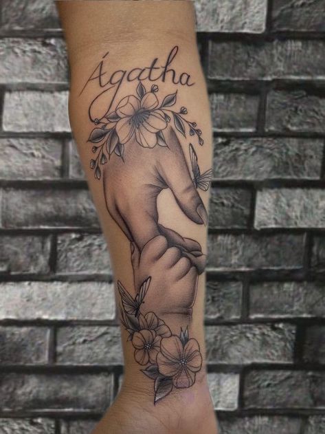 Grand Tattoos Grandchildren, Sleeve For Daughter Tattoo, Mom And Daughter Hand Tattoos, Tattoos For Moms With Kids Sleeve, Son Tattoos For Mom, Tattoos For Baby Girl, Baby Girl Tattoo Ideas For Mom, Child Tattoo Ideas For Women, Tattoos For My Daughter