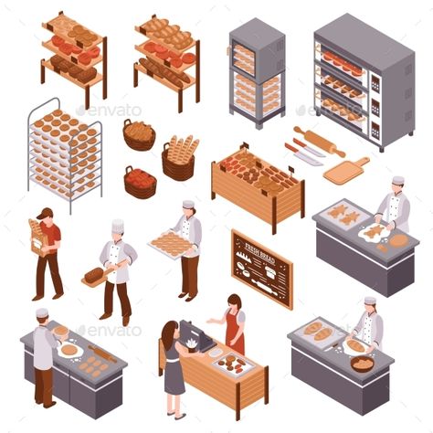 Bakery isometric icons set of working bakers shelves with products buyers and seller of fresh bread behind counter vector illustra Isometric Bakery, Bakery Shop Design, Bakery Kitchen, Infographic Poster, Isometric Art, Isometric Design, Isometric Illustration, Bakery Shop, Cute Games