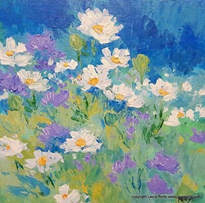 Cute Floral Paintings, Gauche Painting Flower, Daisy Painting Aesthetic, Dainty Floral Painting, Daisies Aesthetic Painting, Laura Reilly, Daisy Gouache Painting, Floral Painting Acrylic, Canvas Painting For Beginners