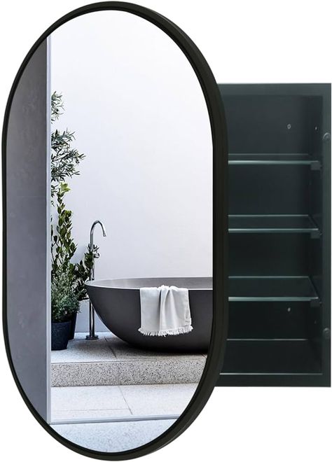 Amazon.com: FOAMYKO Oval Medicine Cabinet with Mirror 24"x36" Black Framed Bathroom Cabinet Large Wall Mounted Cabinet Recessed or Surface Mounted Farmhouse Storage Cabinet : Home & Kitchen Recessed Medicine Cabinet Mirror, Lake House Bathroom Ideas, Black Bathroom Mirrors, Black Medicine Cabinet, Farmhouse Storage Cabinets, Lake House Bathroom, Bathroom Mirror Storage, Farmhouse Storage, Surface Mount Medicine Cabinet