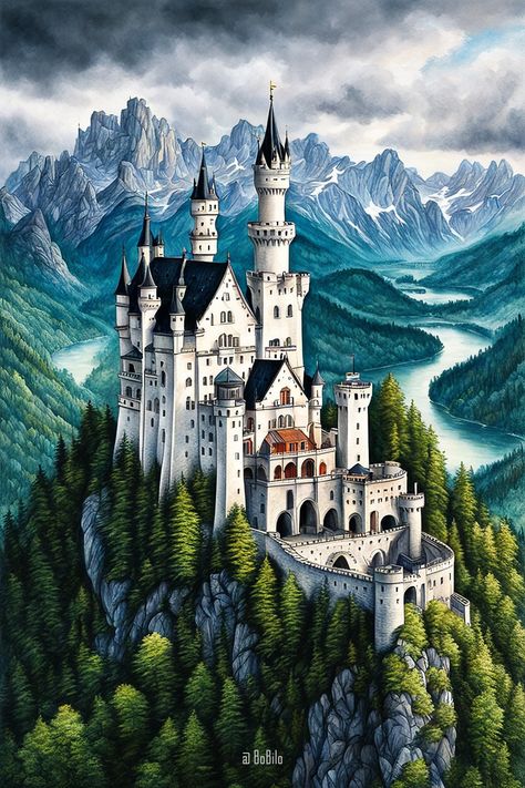 Discover Majestic Mountain Castles: Stunning Digital Art Depicting Grandeur. Inspired by Bavaria Sims Mansion, German Architecture, Gothic Castle, Fairytale Cottage, Unusual Homes, My Fantasy World, Castle Designs, Castle House, Fairytale Castle