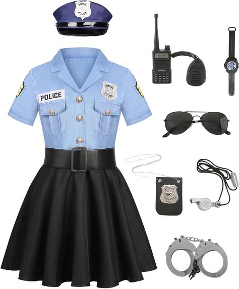 Amazon.com: jiobabe Kids Police Officer Costume Girls Cop Cosplay Outfits Uniform Halloween Costumes with 9 Pcs Accessories Hat Walkie Talkie Handcuffs Sunglasses Police Badge Whistle Watch GR008L : Clothing, Shoes & Jewelry Kids Police Officer Costume, Police Officer Halloween Costume, Diy Girls Costumes, Outfits Uniform, Police Halloween Costumes, Cop Outfit, Officer Costume, Police Officer Costume, Kid Birthday Outfits