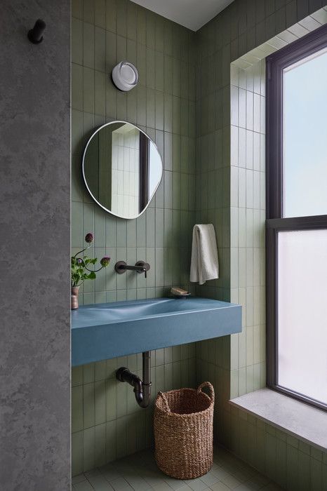 Green Tile Bathrooms, Blue Green Tile, Green Tile Bathroom, Nyc Loft, Room To Room, Modern Bathroom Interior, Concrete Basin, Minimalist Interior Style, Concrete Sink