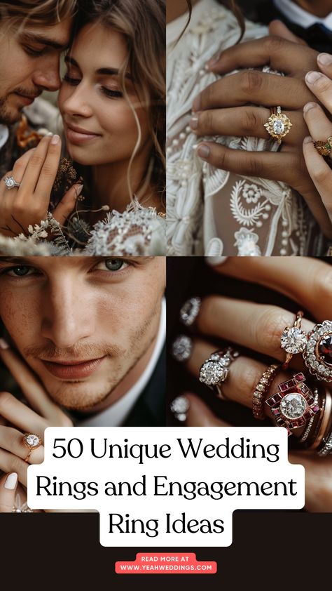 A stunning wedding couple showcasing unique wedding rings and engagement ring ideas, featuring vintage styles, modern designs, and custom-made options with gemstone settings and alternative materials. Unique Wedding Ring Sets Vintage, Engagement Rings Creative, Elopement Rings, Alternative Engagement Rings Vintage, Gemstone Settings, Wedding Rings And Engagement, Trendy Engagement Rings, Engagement Ring Ideas, Wedding Ring Sets Vintage