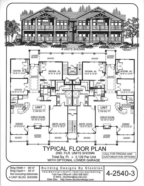 Building Designs by Stockton: Plan # 4-2540-3 Condo Floor Plans, Unique Floor Plans, Duplex Plans, Coastal House Plans, Apartment Floor Plans, Duplex House Plans, Multi Family Homes, House Layout Plans, Apartment Complexes