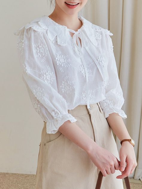 White Cute  Three Quarter Length Sleeve Cotton Plain Top Embellished Non-Stretch  Women Tops, Blouses & Tee Asian Hair Accessories, Girly Blouse, Blouse Korea, Plain White Shirt, Burmese Clothing, White Ruffle Blouse, White Cotton Shirt, Timeless Wardrobe Staples, Cute Blouses