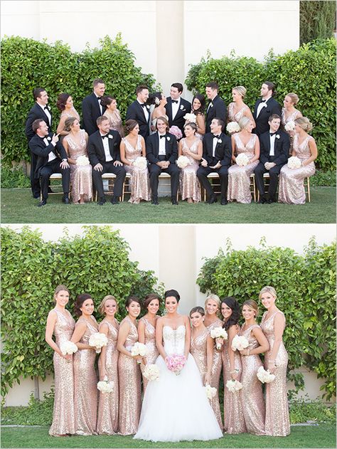 gold and black wedding party attire @weddingchicks Metallic Wedding Colors, Gold And Black Wedding, Wedding Party Attire, Pink Roses Wedding, Gold Dresses, Metallic Wedding, Gold Wedding Theme, Gold Bridesmaid Dresses, Gold Bridesmaids