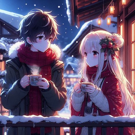 Image Couple Mignon, Winter Matching Wallpaper, Christmas Couple Anime, Anime Christmas Background, Christmas Couple Wallpaper, Anime Christmas Couple, Anime Christmas Matching Pfp, Cute Christmas Couple Pictures, Christmas Couple Pfp