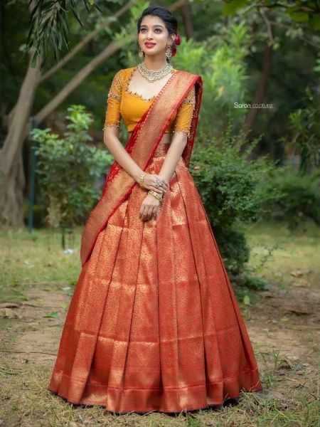 Maroon Half Saree, Banaras Lehenga, Zari Lehenga, Ceremonial Wedding, Silk Half Saree, Lehenga With Blouse, Engagement Lehenga, Half Saree Lehenga, Lehenga Designs Simple