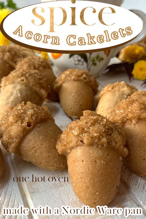 A white board with mini acorn spice cakes. Fall Cakelet Recipes, Nordic Ware Loaf Pan Recipes, Nordic Ware Cakelet Recipes, Cakelet Pan Recipes, Acorn Cake Pops, Cakelet Recipes, Nordic Bakeware, Acorn Flour, Spice Cakes