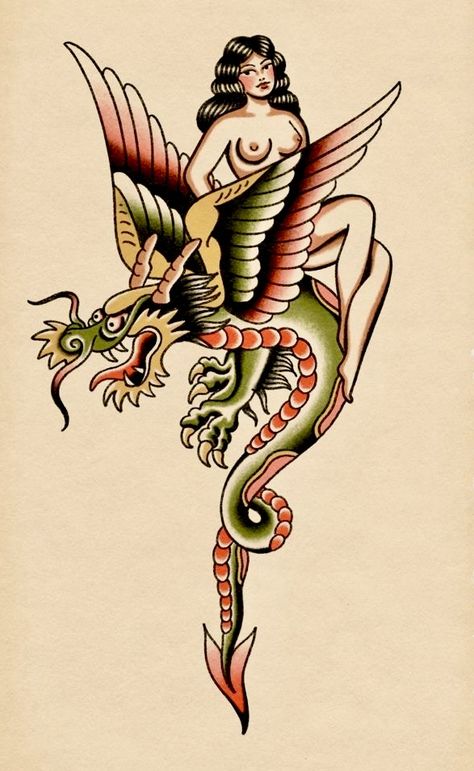 Classic Traditional Tattoos, American Traditional Painting, Trad Style Tattoos, Vintage American Traditional Tattoo Flash, Old School Back Tattoo, Traditional Pin Up Tattoo, Classic Americana Tattoo, American Traditional Dragon Tattoo, Traditional Tattoos American