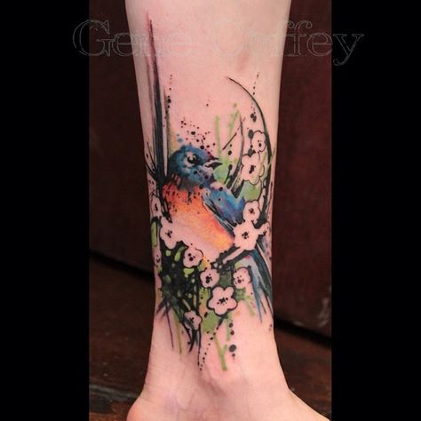 Bluebird tattoo #birdtattoo #genecoffey #watercolortattoo #coveruptattoo #bluebird Rework Tattoo, Bluebird Tattoo, Abstract Tattoo Designs, Type Tattoo, Amazing Tattoos, Bird Tattoo, Abstract Tattoo, Ankle Tattoo, Birds Tattoo