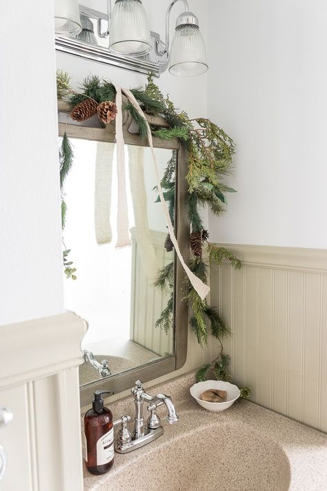 Christmas Bathroom Ideas, Simple Christmas Decor Ideas, Simple Decorating Ideas, Thrifty Christmas, Pine And Prospect Home, Pine And Prospect, Cedar Wreath, Simple Decorating, Christmas Bathroom Decor