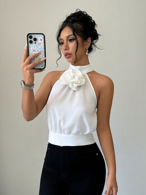 3D Flower Women's Solid Color Elegant Halter Backless Tank Top, Summer White Elegant   Woven Fabric Plain Halter Non-Stretch  Women Clothing, size features are:Bust: ,Length: ,Sleeve Length: Backless Tank Top, Estilo Hip Hop, Summer White, Top Summer, White Summer, Halter Top, Women Clothing, Length Sleeve, Women's Clothing