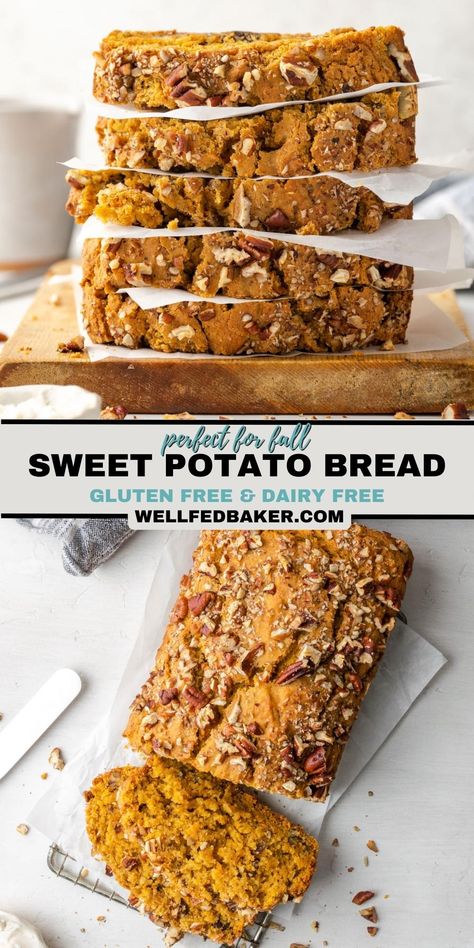 This gluten free and dairy free sweet potato quick bread is one of our family favorites. With the flavors of sweet potatoes, brown sugar, maple syrup and pecans it tastes almost like sweet potato casserole in bread form. Sweet Potato Oatmeal Bread, Sweet Potato Bread Gluten Free, Sweet Potato Pecan Bread, Gluten Free Sweet Potato Bread, Gluten Free Sweet Potato Recipes, Sweet Potato Quick Bread, Anniversary Meals, Gluten Free Potato Bread, Sweet Potato Bread Recipe