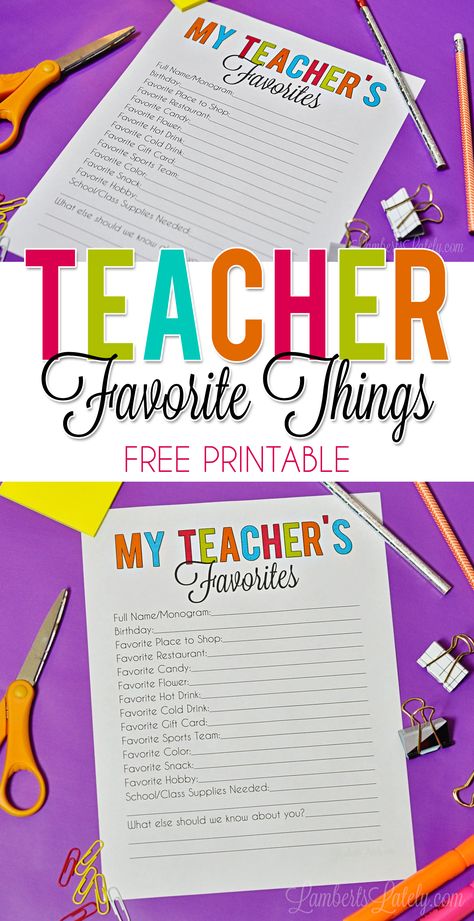 Grab a free copy of this teacher favorite things printable questionnaire - let the educators in your life list their favorites for a quick and easy gift reference! Favorite Things List For Teachers, Teacher Favorites Printable Free, Teachers Favorite Things Printable Free, Teacher Favorites Printable, All About Your Teacher, About Your Teacher, Pto Events, Teacher Questionnaire, Simple Paper Flower