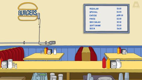 #BobsBurgers #Background #ZoomBackground #VideoMeeting #Wallpaper #Interior #FOXTV #Television #Animation #Design Bobs Burgers Background, Bobs Burgers Restaurant Layout, Cartoon Zoom Background, Animation Backgrounds Interior, Bobs Burgers Stills, Nye 2024, Burger Cartoon, Online Meeting, Classroom Interior