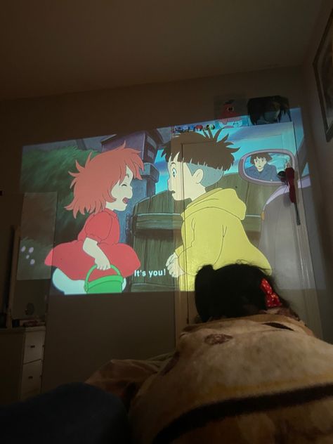 Projector Movie Night Aesthetic, Anime Movie Night, Studio Ghibli Movie Night, Projector Aesthetic, Anime Ponyo, Ponyo Aesthetic, Ghibli Core, Projector Ideas, Lamp Core