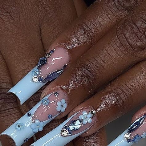 Light Blue Nails Inspiration, Icy Blue Nails, Cinderella Nails, Blue French Tips, Prom Inspiration, Baby Blue Nails, Manicure Nail Designs, French Tip Nail Designs, Blue Acrylic Nails