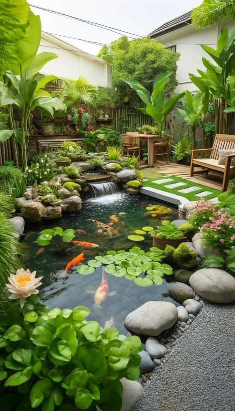 Fish Pond Landscaping, Garden Design Pond, Backyard Ponds Small Garden Waterfall, Home Pond Ideas, Fish Ponds Backyard Small Gardens, Indoor Coy Pond, Waterfall Ideas Backyard, Koi Ponds Ideas, Pond Decorating Ideas