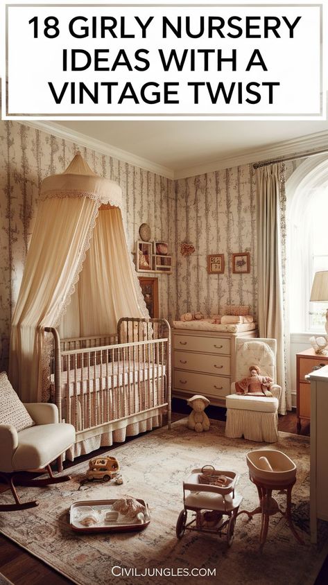 Create the ultimate girly nursery with these 21 whimsical ideas! From pastel hues and delicate decor to charming accents, these tips will help you design a cozy, enchanting space for your little one. Discover creative storage solutions, budget-friendly options, and Instagram-worthy designs. Vintage Boy Nursery, Vintage Nursery Boy, Magical Nursery, Nursery Inspiration Girl, Girly Nursery, Dreamy Space, Whimsical Nursery, Chic Nursery, Creative Storage Solutions