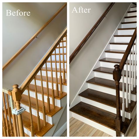 Updated stairs using stain color Jacobean. Turned out so well! Dark Wood Staircase Light Floors, Dark Wood Stairs With Light Floors, Two Toned Staircase, Two Tone Wood Stairs, Stair Colors Paint, Stair Stain Colors, Restain Stairs, Stair Color Ideas Stairways, Wood Stain Stairs