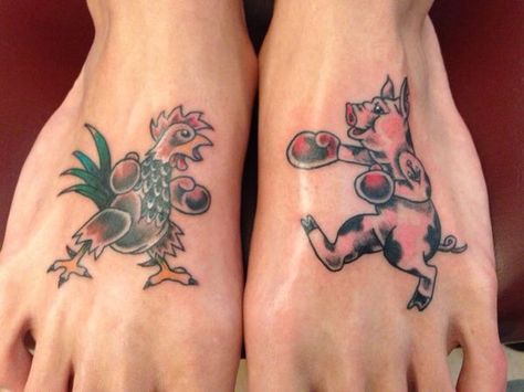 Rooster and pig done by Ram Lee @ Traverse City Tattoo Pig And Rooster Tattoo, Rooster Tattoo Ideas, Boxing Tattoos, Men's Tattoo, Navy Tattoos, Chicken Tattoo, Rooster Tattoo, Pig Tattoo, Sailor Tattoos