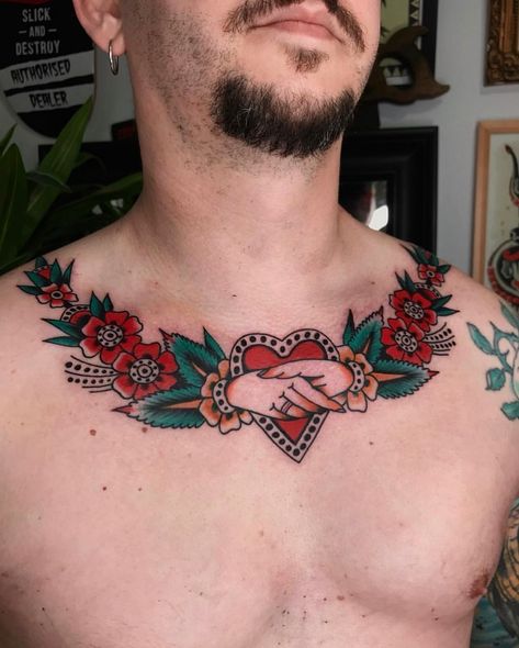 Traditional Handshake Collar Piece Tattoo | Tattoo Ideas and Inspiration Collar Tattoo Ideas, Chest Piece Tattoo, Collar Tattoo, Bull Skull Tattoos, Bull Tattoos, Pieces Tattoo, Chest Tattoos For Women, Chest Piece Tattoos, Traditional Tattoo Art