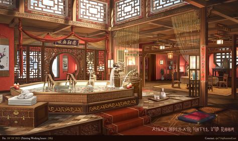 ArtStation - Asian open-air hotel VIP room Traditional Chinese House, Japanese Bath House, Chinese Room, Casa Anime, Chinese Background, Chinese House, Ancient Chinese Architecture, Japanese Style House, Chinese Aesthetic